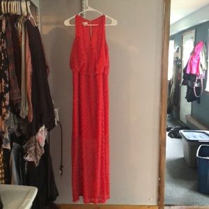 Coral Sleeveless Lace Maxi Dress